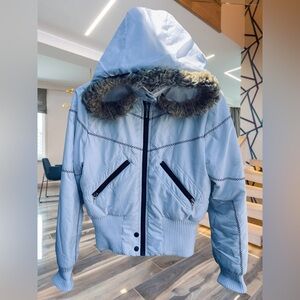 Talbots White Hooded Puffer Jacket with Faux Fur